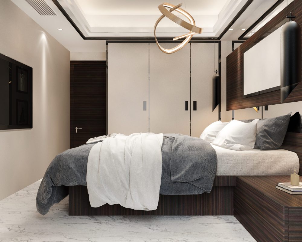 3d rendering  luxury modern bedroom suite in hotel with tv and cabinet