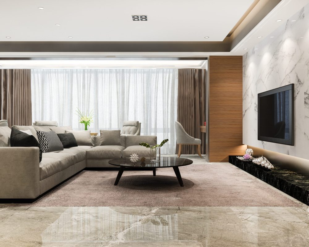 3d rendering modern dining room and living room with luxury decor